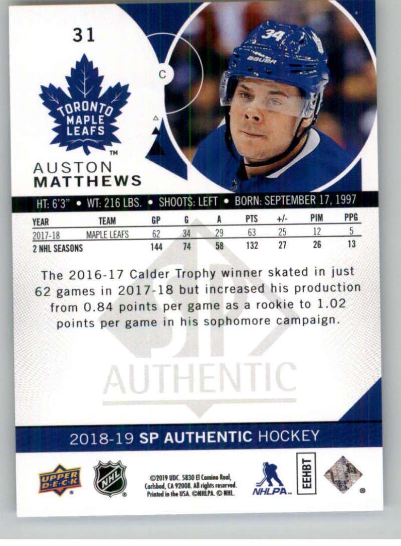 2018-19 SP Authentic Hockey #31 Auston Matthews Toronto Maple Leafs Official NHL Trading Card From Upper Deck (UD)