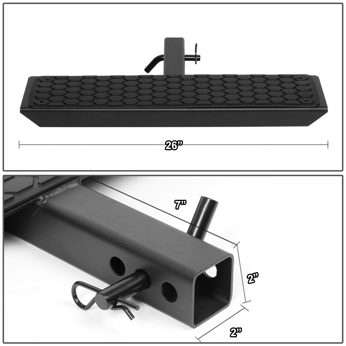 Auto Dynasty Universal 26 Inches Black Powder Coated Oval Rear Tow Hitch Step Bar Board with Honeycomb Step Pad for 2 Inches Receiver Pickup Truck SUV Trailer