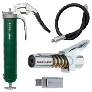 locknlube heavy-duty pistol grip grease gun. includes our patented locknlube® grease coupler (locks on, stays on, won't leak!) plus a high-quality 20" hose and in-line hose swivel