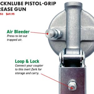 LockNLube Heavy-Duty Pistol Grip Grease Gun. Includes our patented LockNLube® Grease Coupler (Locks On, Stays On, Won't Leak!) plus a high-quality 20" hose and in-line hose swivel