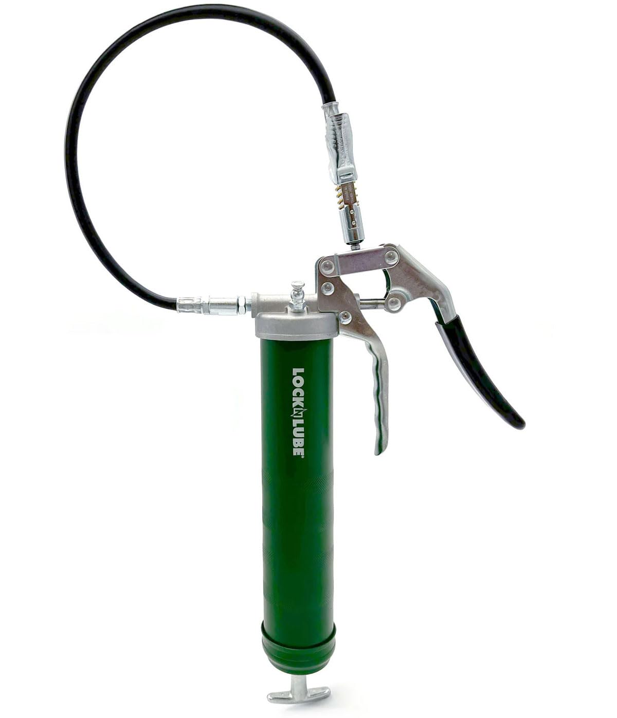 LockNLube Heavy-Duty Pistol Grip Grease Gun. Includes our patented LockNLube® Grease Coupler (Locks On, Stays On, Won't Leak!) plus a high-quality 20" hose and in-line hose swivel