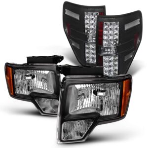 akkon - fits 2009-2014 ford f150 pickup truck black headlights + led tail brake lamp pair left driver+right passenger