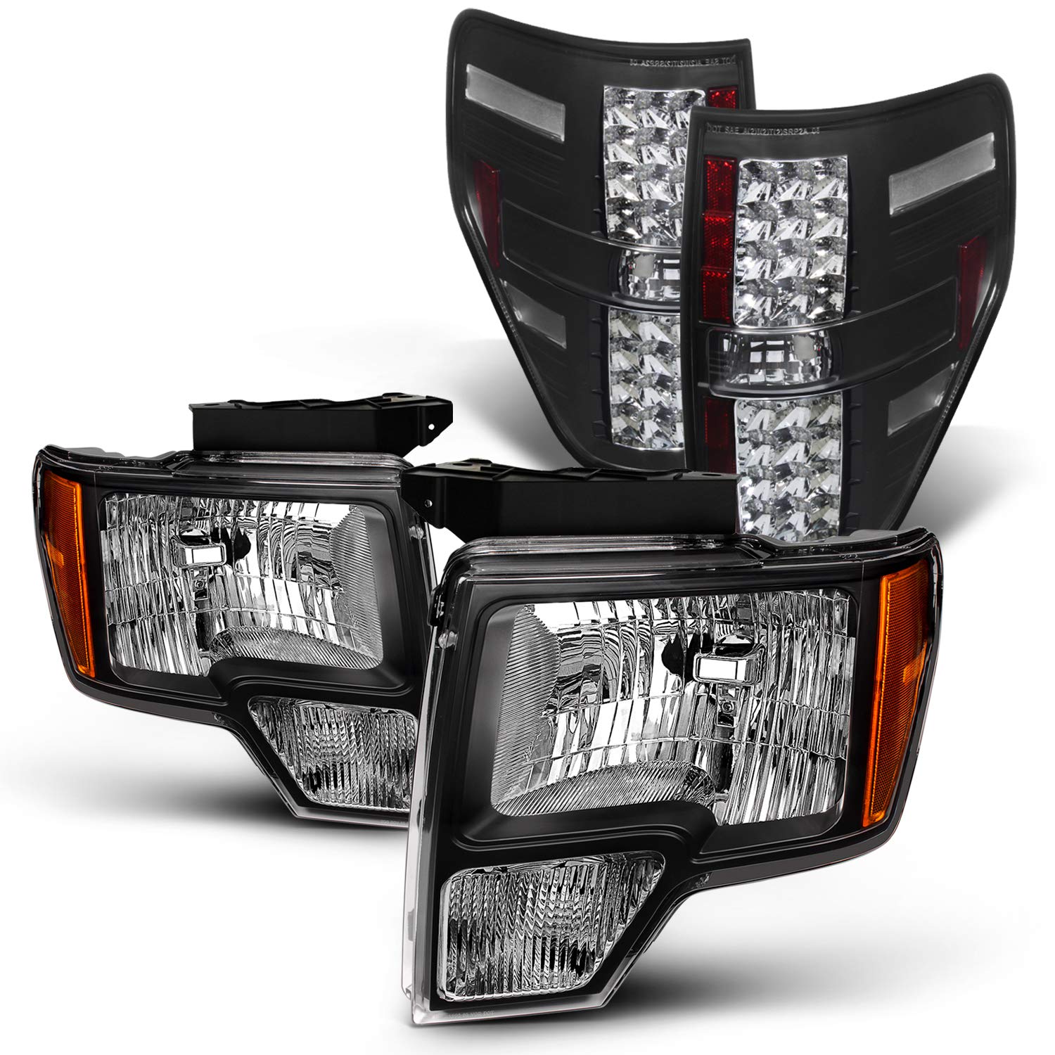 AKKON - Fits 2009-2014 Ford F150 Pickup Truck Black Headlights + LED Tail Brake Lamp Pair Left Driver+Right Passenger