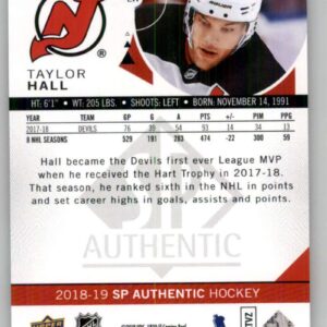 2018-19 SP Authentic Hockey #10 Taylor Hall New Jersey Devils Official NHL Trading Card From Upper Deck (UD)