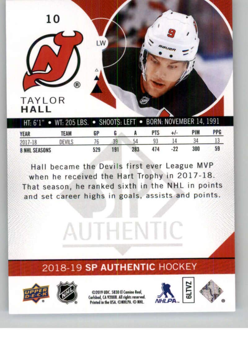 2018-19 SP Authentic Hockey #10 Taylor Hall New Jersey Devils Official NHL Trading Card From Upper Deck (UD)