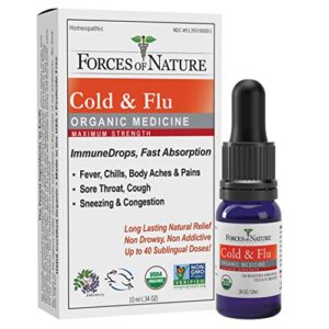 forces of nature cold and flu, organic maximum strength homeopathic medicine, 0.34 fl oz, immune support & multi symptom relief from sinus, cough, fever, sore throat & runny nose, non-drowsy