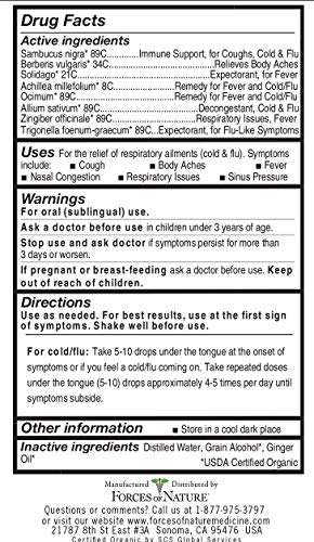 Forces of Nature Cold and Flu, Organic Maximum Strength Homeopathic Medicine, 0.34 Fl Oz, Immune Support & Multi Symptom Relief from Sinus, Cough, Fever, Sore Throat & Runny Nose, Non-Drowsy