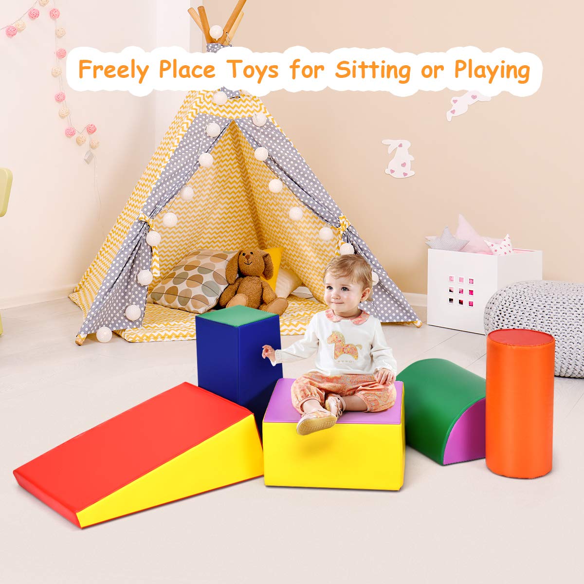 Costzon Crawl and Climb Foam Play Set, Colorful 5 Piece Lightweight Foam Shape for Climbing, Crawling & Sliding, Safe Soft Foam Block for Preschoolers, Baby, Kids (Multicolor)