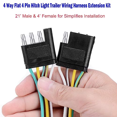 EXERAUO Trailer Wiring Harness Kit, 4 Pin Flat 4 Wire Trailer Wiring Connector, 21ft & 4ft Wishbond Trailer Light Kit 4 Wire Plug Connector Trailer Light Wiring for Utility Trailer Lights