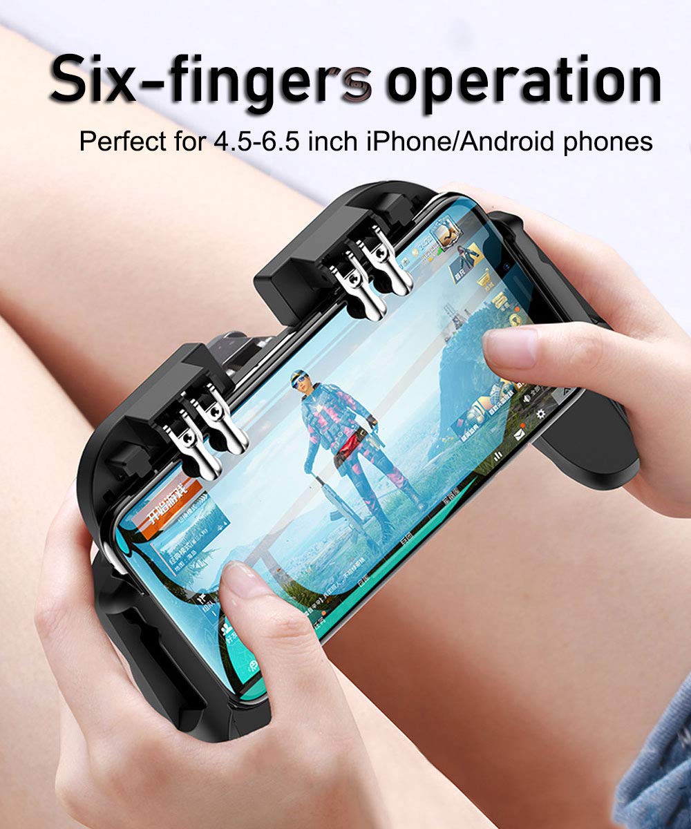 4 Trigger Mobile Game Controller with Cooling Fan for PUBG/Call of Duty/Fortnite [6 Finger Operation] YOBWIN L1R1 L2R2 Gaming Grip Gamepad Mobile Controller Trigger for 4.7-6.5" iOS Android Phone