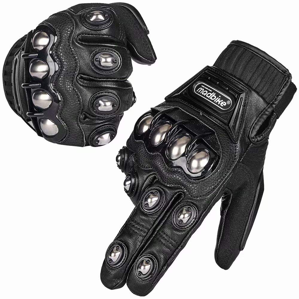 ILM Alloy Steel Leather Hard Knuckle Touchscreen Motorcycle Bicycle Motorbike Powersports Racing Gloves (M, (Leather) Black) Model 10CL