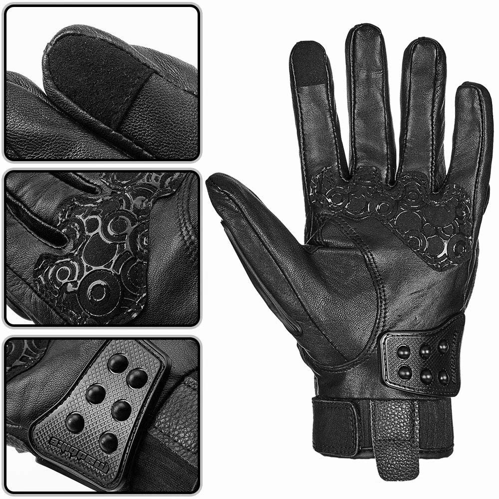 ILM Alloy Steel Leather Hard Knuckle Touchscreen Motorcycle Bicycle Motorbike Powersports Racing Gloves (M, (Leather) Black) Model 10CL