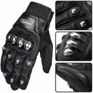 ILM Alloy Steel Leather Hard Knuckle Touchscreen Motorcycle Bicycle Motorbike Powersports Racing Gloves (M, (Leather) Black) Model 10CL