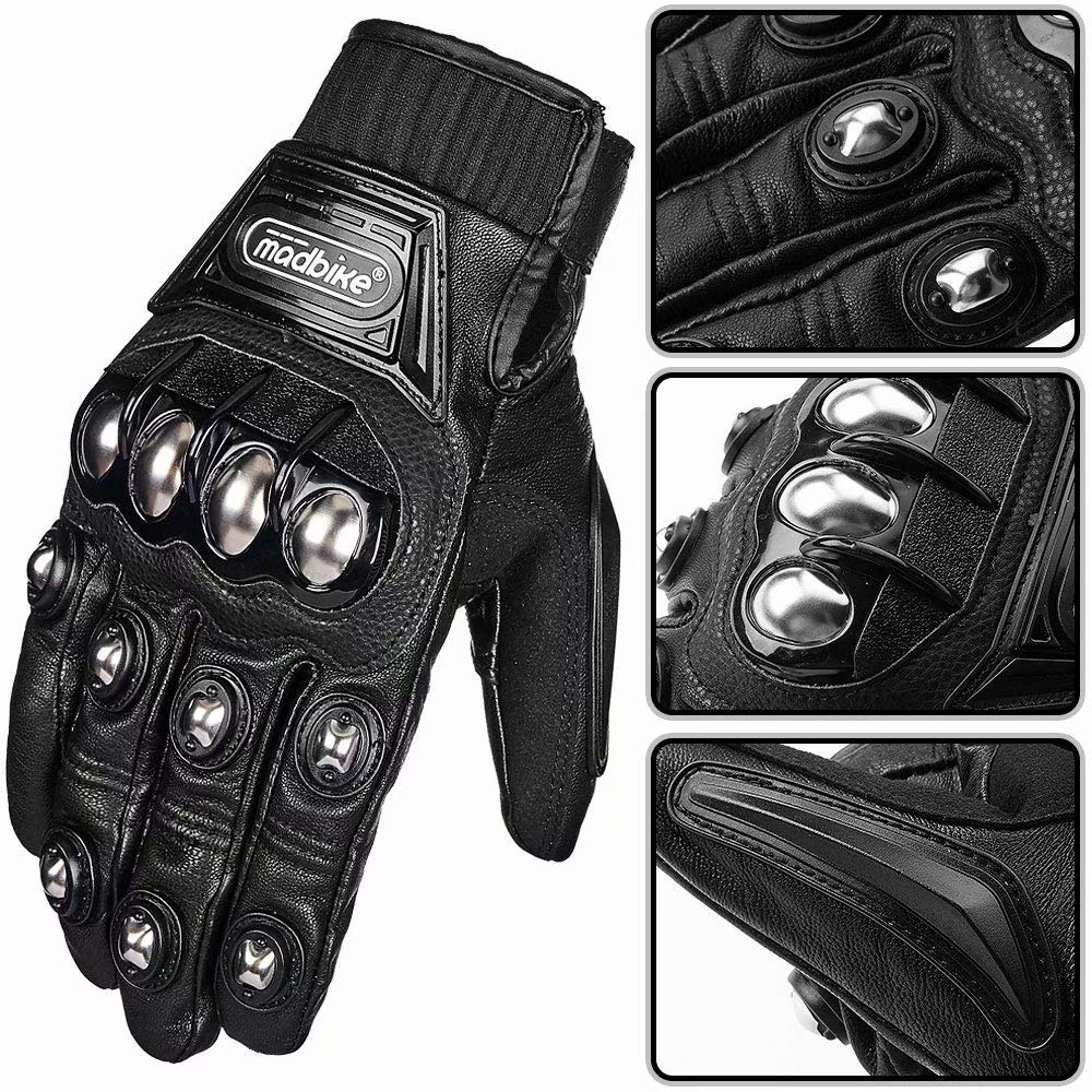 ILM Alloy Steel Leather Hard Knuckle Touchscreen Motorcycle Bicycle Motorbike Powersports Racing Gloves (M, (Leather) Black) Model 10CL