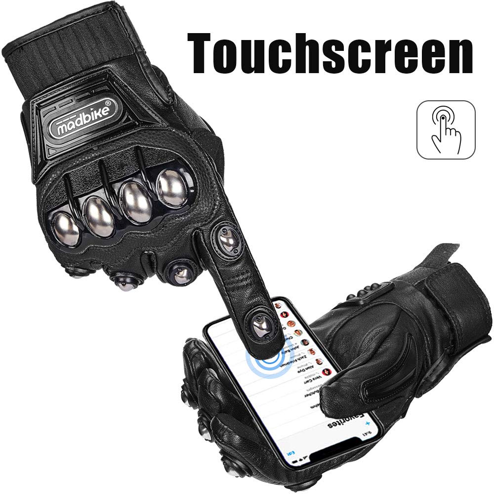 ILM Alloy Steel Leather Hard Knuckle Touchscreen Motorcycle Bicycle Motorbike Powersports Racing Gloves (M, (Leather) Black) Model 10CL