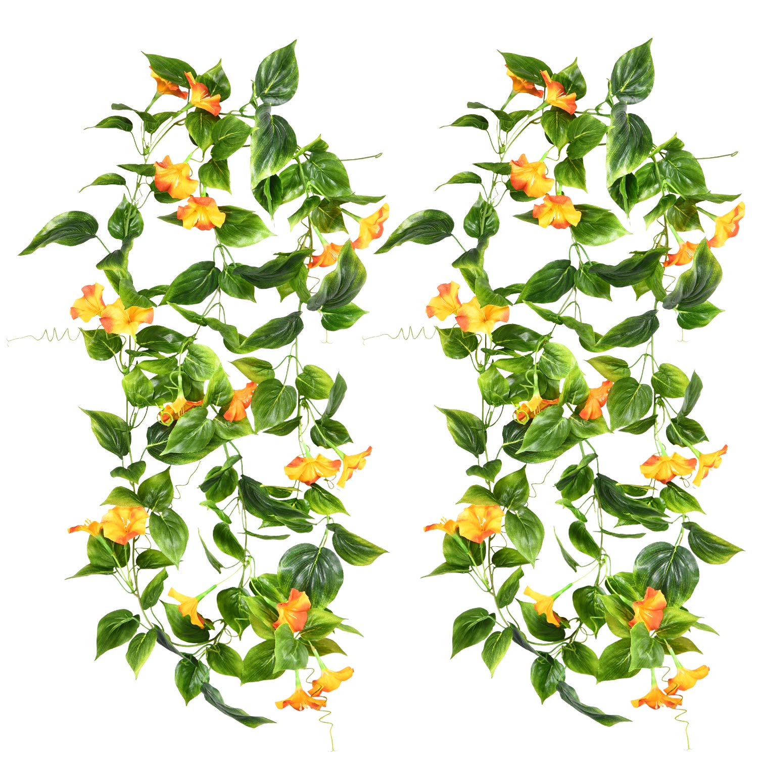 Dolicer Artificial Morning Glory Flower Vines 2pcs 15Feet Morning Glory Hanging Green Plants Silk Garland Greenery Garland Morning Glory for Wedding Garden Wall Fence Home Decor Yellow-Orange