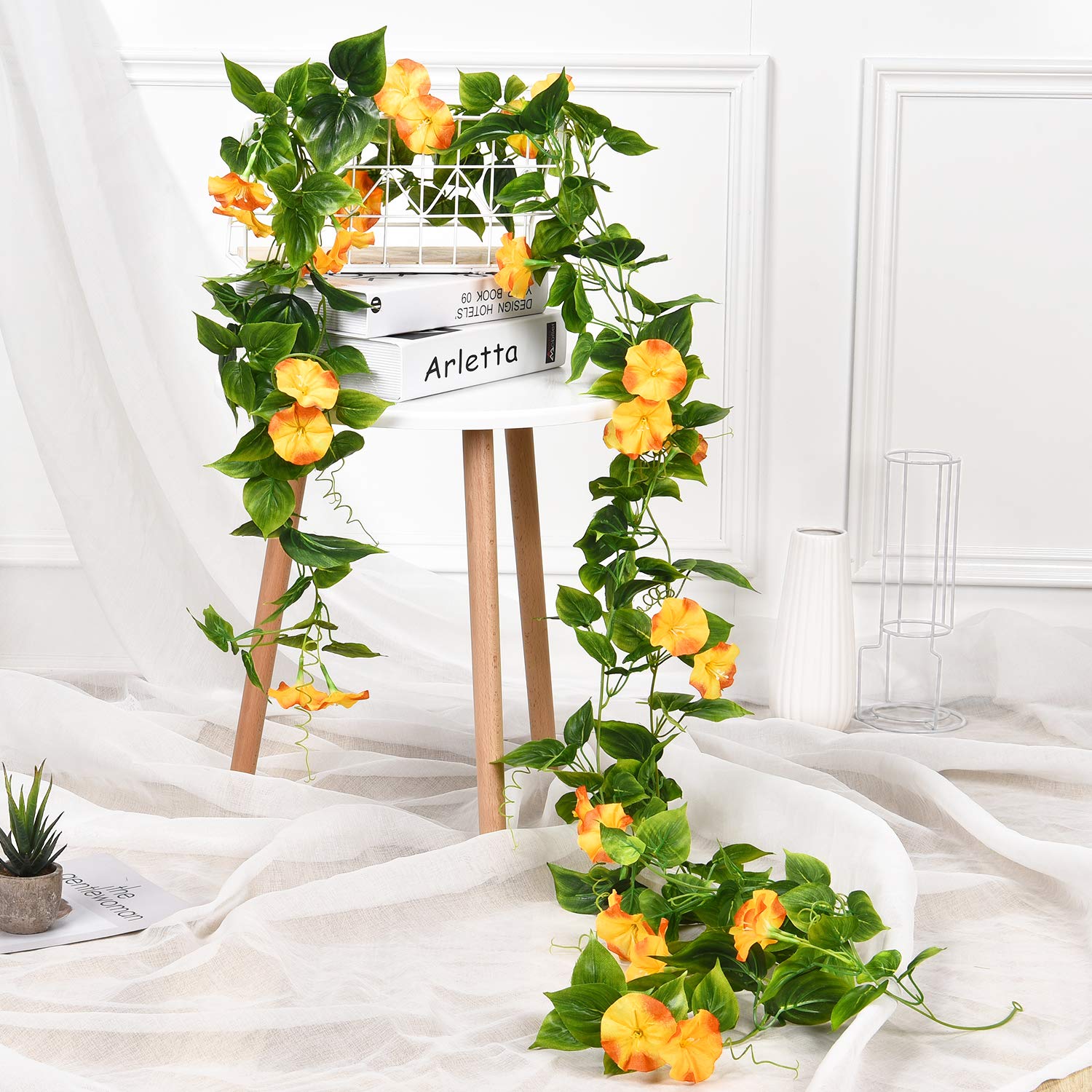 Dolicer Artificial Morning Glory Flower Vines 2pcs 15Feet Morning Glory Hanging Green Plants Silk Garland Greenery Garland Morning Glory for Wedding Garden Wall Fence Home Decor Yellow-Orange