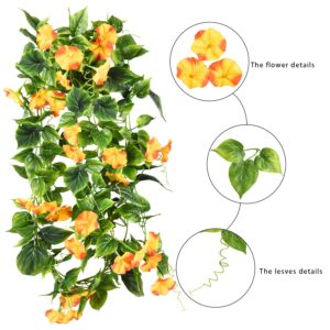 Dolicer Artificial Morning Glory Flower Vines 2pcs 15Feet Morning Glory Hanging Green Plants Silk Garland Greenery Garland Morning Glory for Wedding Garden Wall Fence Home Decor Yellow-Orange