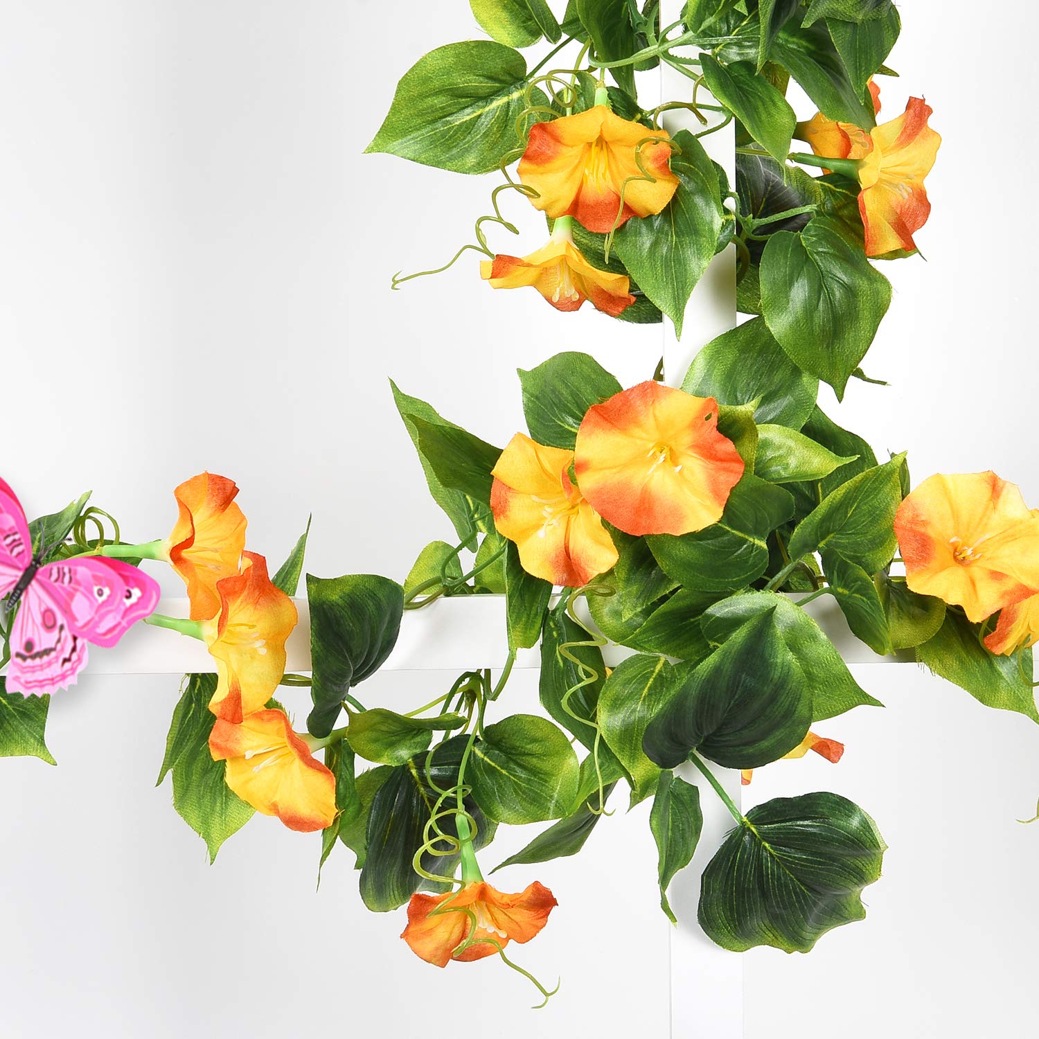 Dolicer Artificial Morning Glory Flower Vines 2pcs 15Feet Morning Glory Hanging Green Plants Silk Garland Greenery Garland Morning Glory for Wedding Garden Wall Fence Home Decor Yellow-Orange