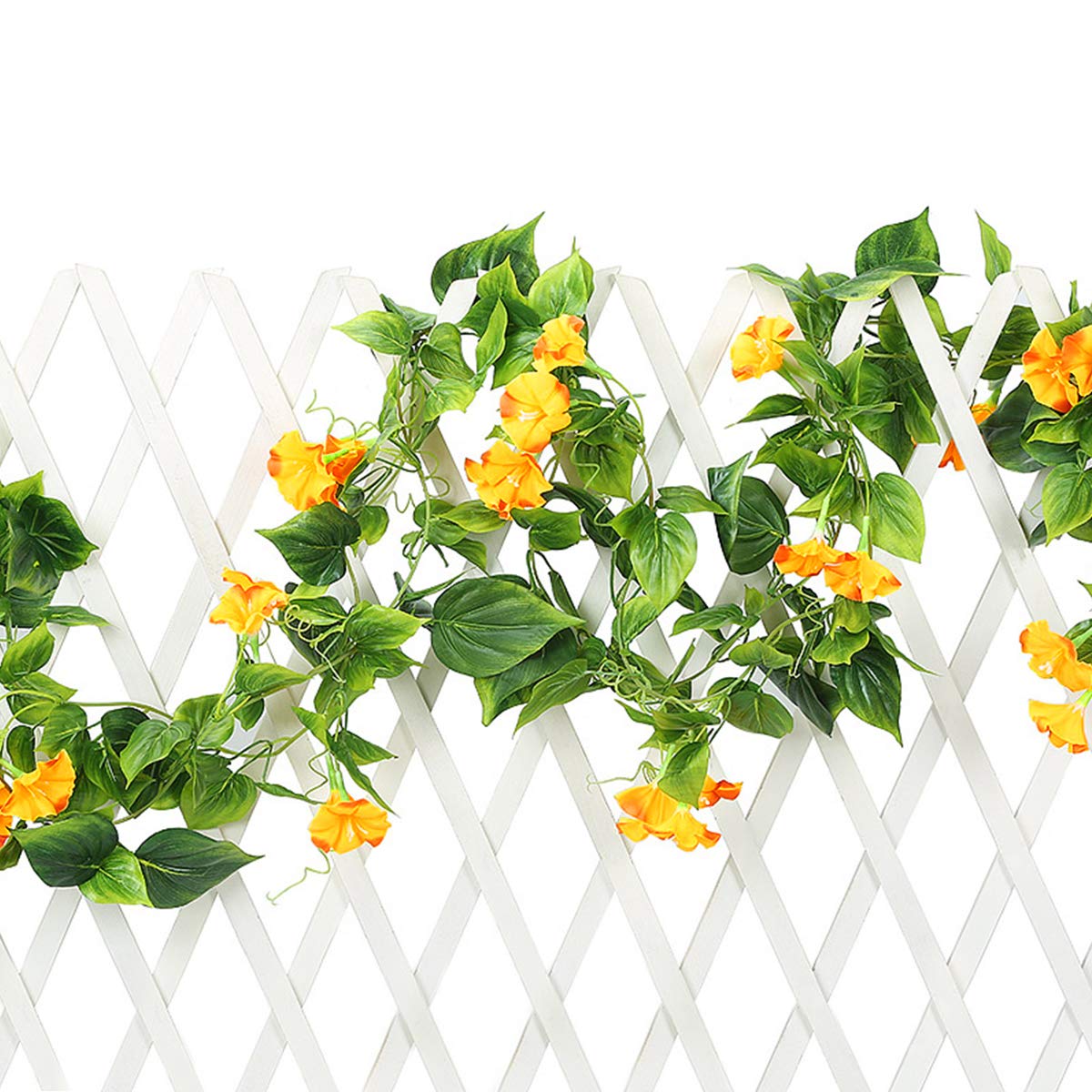 Dolicer Artificial Morning Glory Flower Vines 2pcs 15Feet Morning Glory Hanging Green Plants Silk Garland Greenery Garland Morning Glory for Wedding Garden Wall Fence Home Decor Yellow-Orange