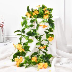 Dolicer Artificial Morning Glory Flower Vines 2pcs 15Feet Morning Glory Hanging Green Plants Silk Garland Greenery Garland Morning Glory for Wedding Garden Wall Fence Home Decor Yellow-Orange