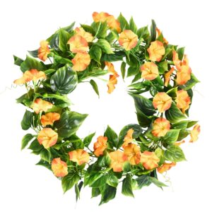 Dolicer Artificial Morning Glory Flower Vines 2pcs 15Feet Morning Glory Hanging Green Plants Silk Garland Greenery Garland Morning Glory for Wedding Garden Wall Fence Home Decor Yellow-Orange