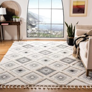 SAFAVIEH Moroccan Tassel Shag Collection Area Rug - 5'3" x 7'6", Ivory & Grey, Boho Design, Non-Shedding & Easy Care, 2-inch Thick Ideal for High Traffic Areas in Living Room, Bedroom (MTS601F)