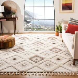 SAFAVIEH Moroccan Tassel Shag Collection Area Rug - 5'3" x 7'6", Ivory & Grey, Boho Design, Non-Shedding & Easy Care, 2-inch Thick Ideal for High Traffic Areas in Living Room, Bedroom (MTS601F)