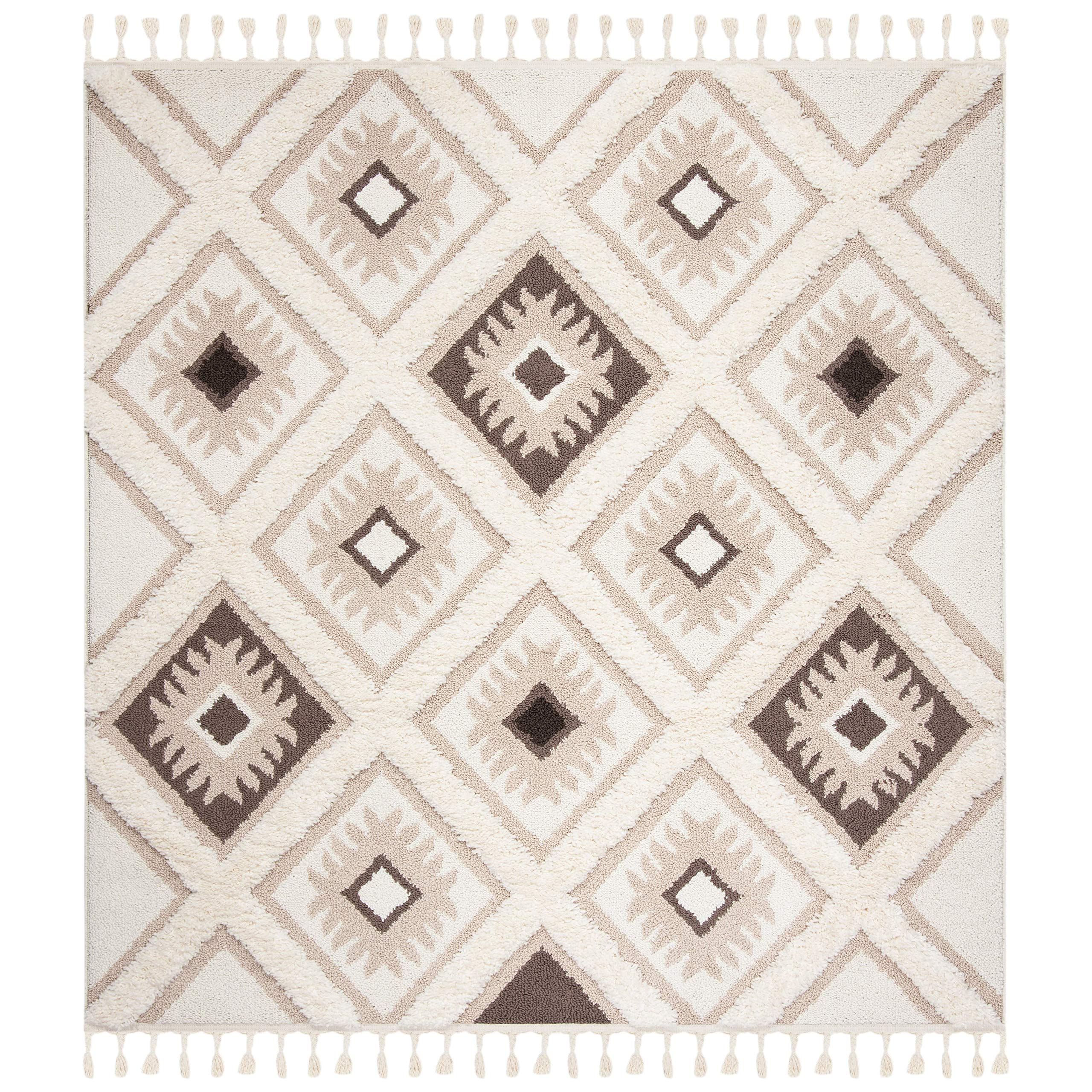 SAFAVIEH Moroccan Tassel Shag Collection Area Rug - 5'3" x 7'6", Ivory & Grey, Boho Design, Non-Shedding & Easy Care, 2-inch Thick Ideal for High Traffic Areas in Living Room, Bedroom (MTS601F)