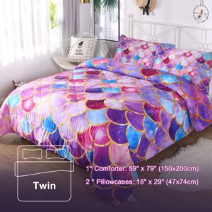 ENCOFT Mermaid Scale Comforter Set Twin, Soft Lightweight 3-Pieces Colorful Pink and Purple Twin Comforter Set for Girls, Kids Twin Mermaid Bedding Set with Pillow Shams, Girls Bedroom Decor