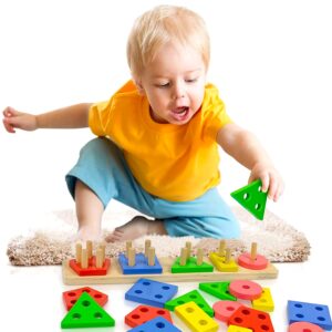 Play22 Montessori Toys for 1 2 3 Years Old Toddlers Boys Girls - Wooden Sorting & Stacking Educational Kids Learning Toys Color Recognition Stack and Sort 20Pc, Great Gift – Original