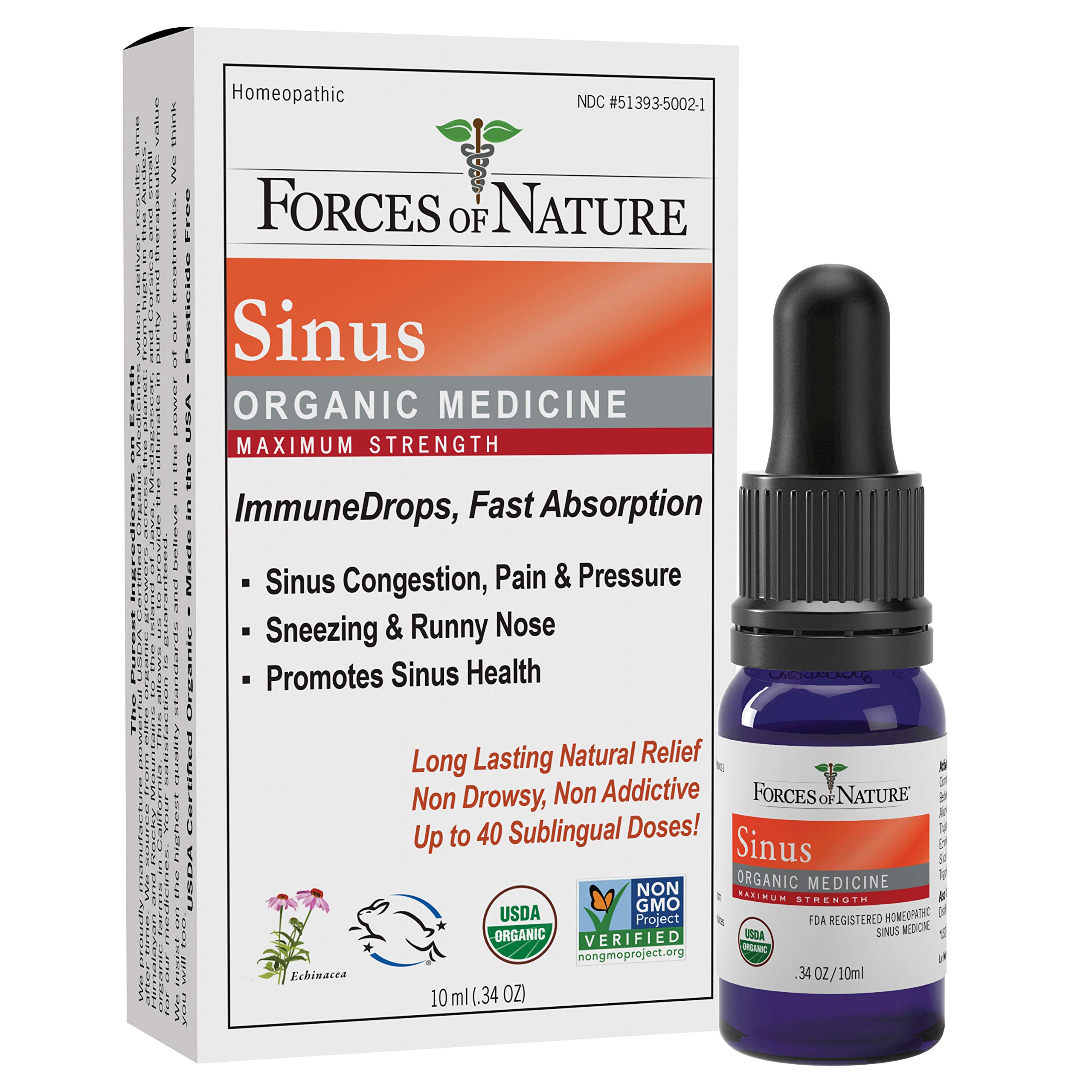 Forces of Nature Sinus, Organic Maximum Strength Homeopathic Medicine, 0.34 Fl Oz, Immune Support & Multi Symptom Relief from Congestion, Sinus Pressure, Pain, Sneezing, Runny Nose, Non-Drowsy