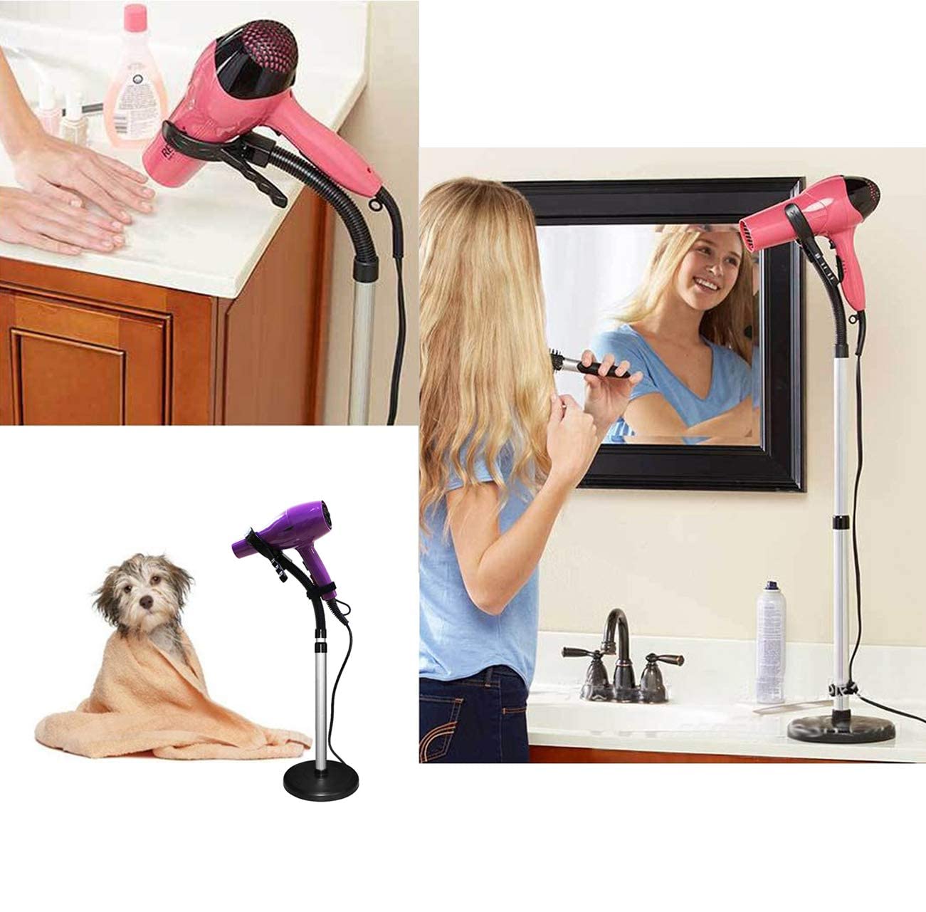 HLGOLDLUO Hair Dryer Stand, 360 Degree Rotating Lazy Hair Dryer Stand Hand Free With Heavy Base, Hands-Free Blow Dryer Holder Countertop, Adjustable Height Hair Dryer Holder