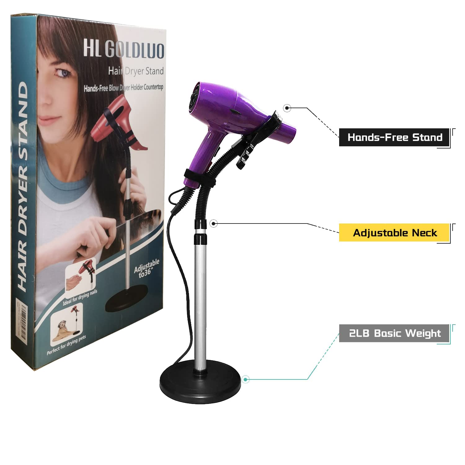 HLGOLDLUO Hair Dryer Stand, 360 Degree Rotating Lazy Hair Dryer Stand Hand Free With Heavy Base, Hands-Free Blow Dryer Holder Countertop, Adjustable Height Hair Dryer Holder