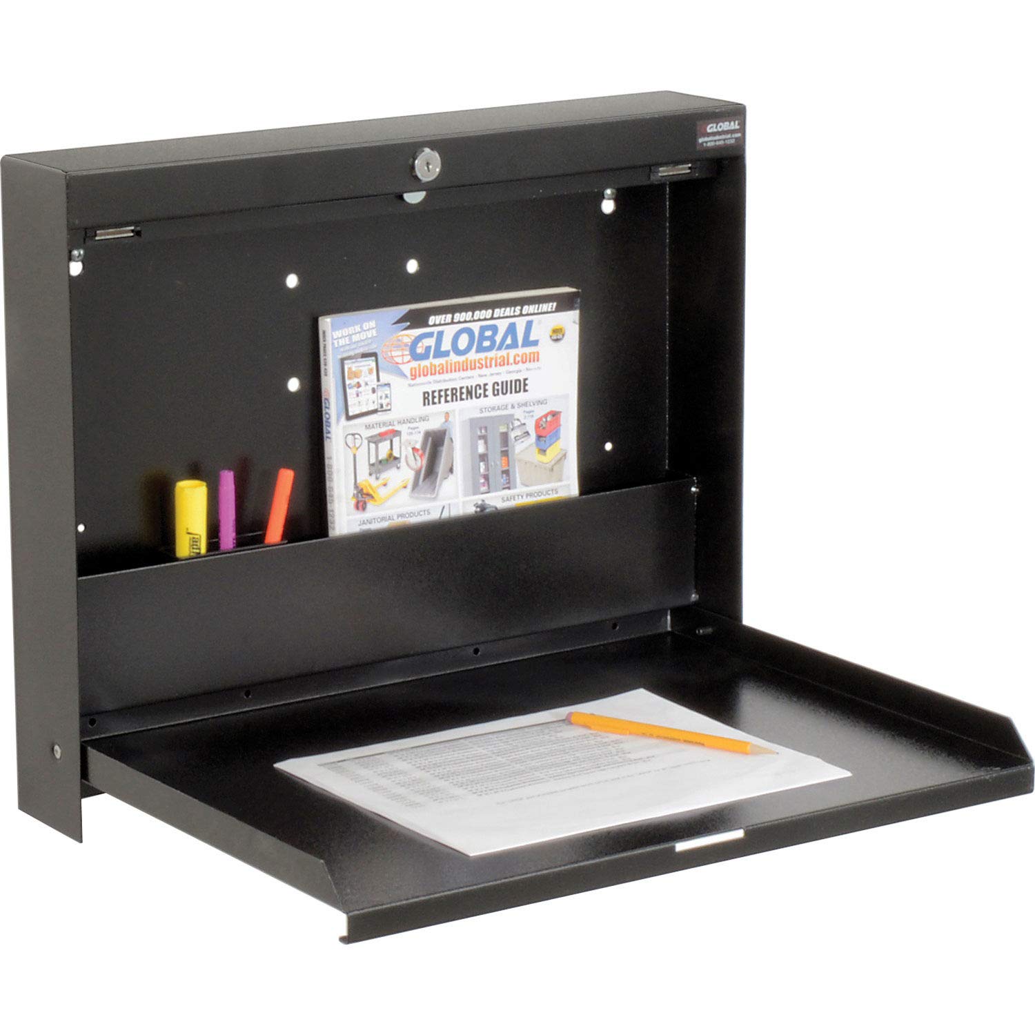 Global Industrial Folding Wall Mounted Shop Desk, Locking, 20" W x 3-3/8"D x 16-3/8"H, Black