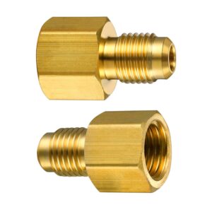 4 Pieces 6015 R134A Brass Refrigerant Tank Adapter to R12 Fitting Adapter 1/2 Female to 1/4 Male Flare Adaptor Valve Core and 6014 Vacuum Pump Adapter 1/4 Inch Flare Female to 1/2 Inch Male