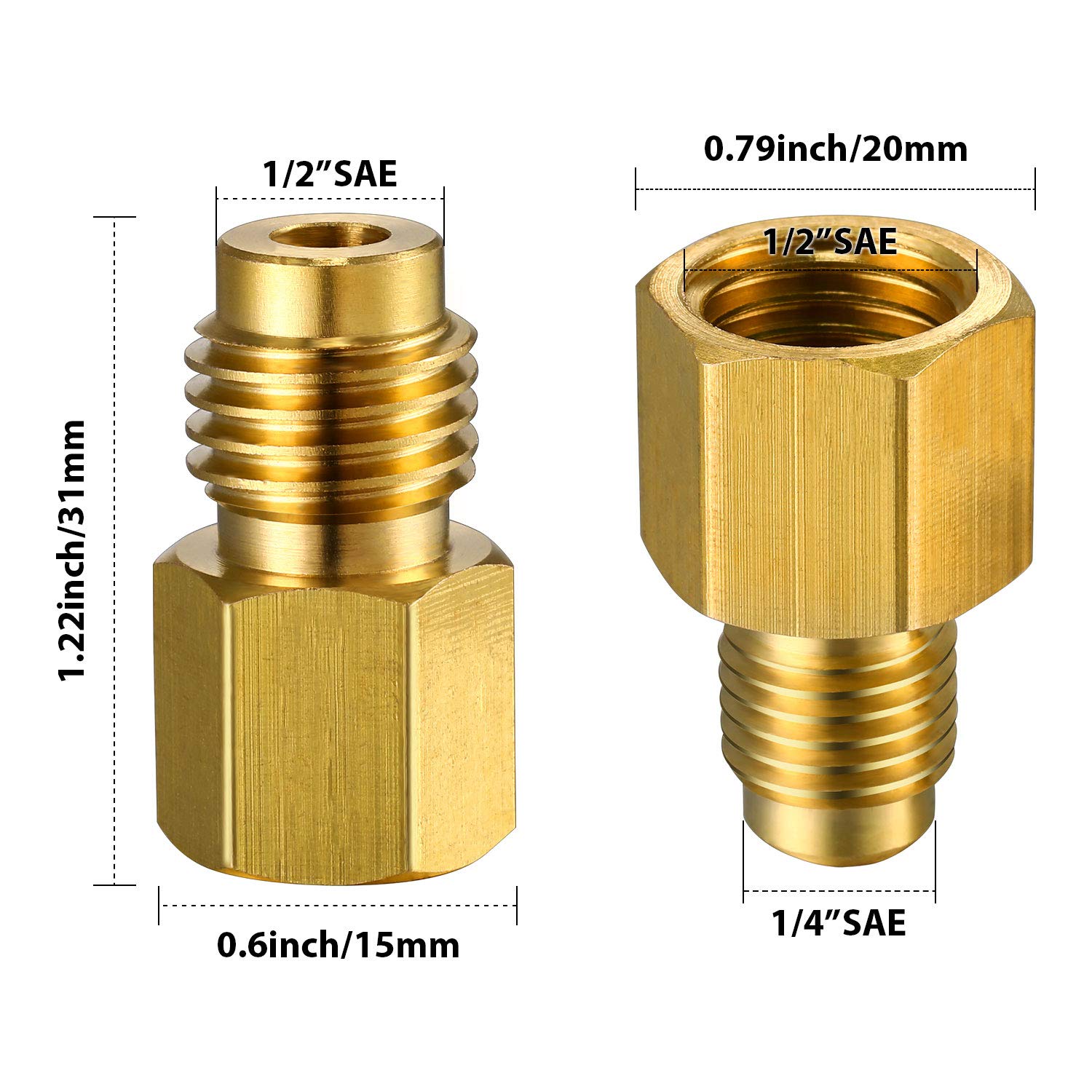 4 Pieces 6015 R134A Brass Refrigerant Tank Adapter to R12 Fitting Adapter 1/2 Female to 1/4 Male Flare Adaptor Valve Core and 6014 Vacuum Pump Adapter 1/4 Inch Flare Female to 1/2 Inch Male