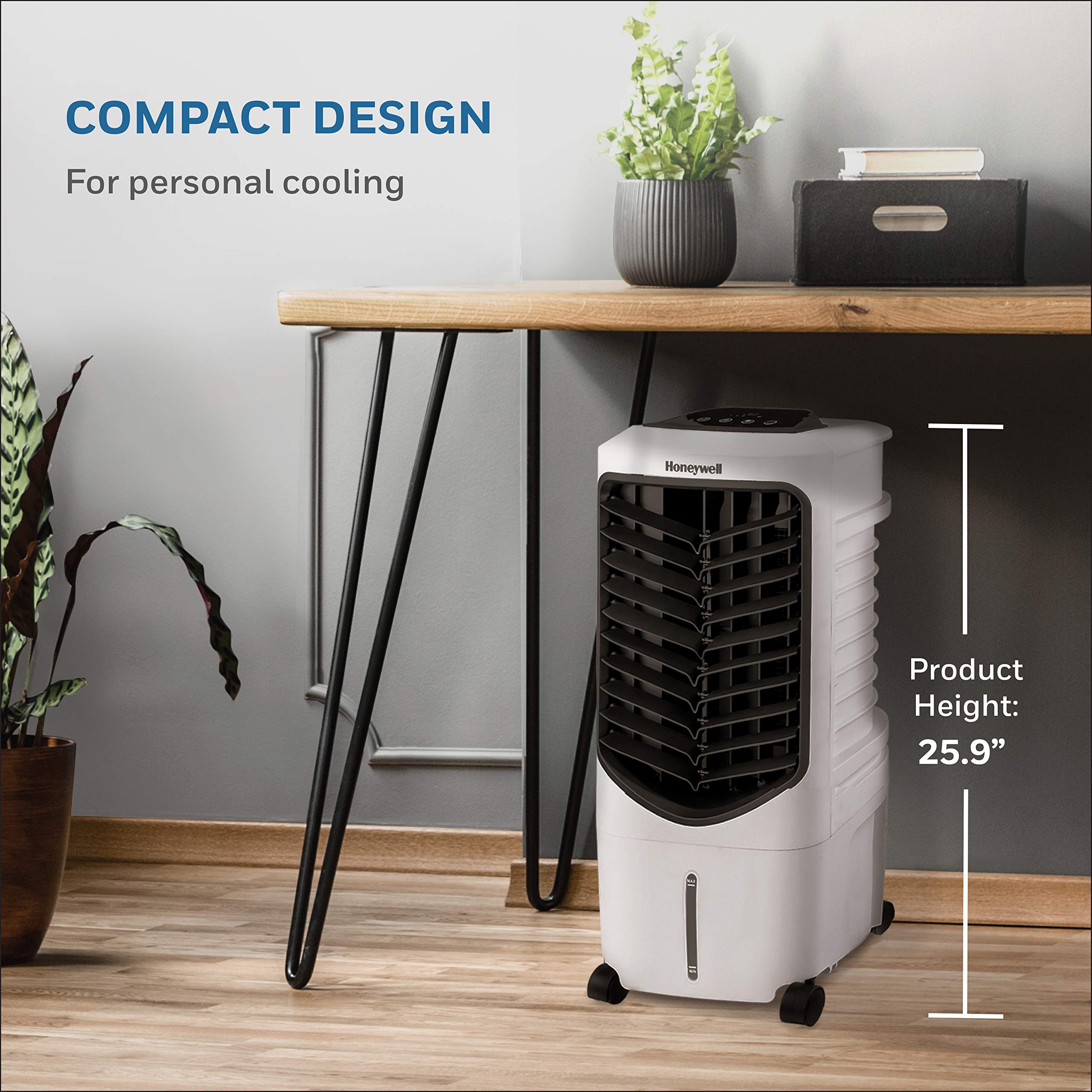 Honeywell 200 CFM Indoor Portable Evaporative Air Cooler with Fan and Humidifier for Living Room, Basement, Office, and Play Area, 115V, Evaporative Cooler for Rooms up to 108 Sq. Ft. with Remote