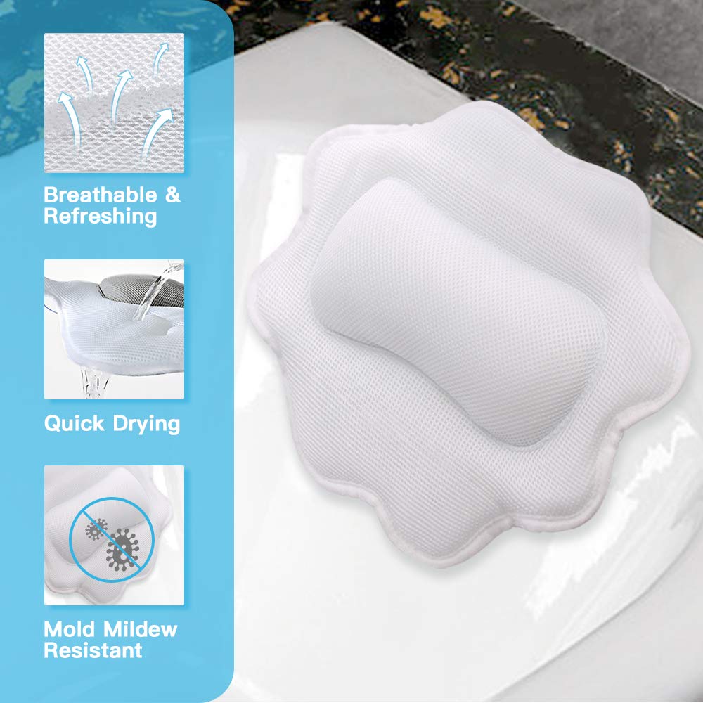 Beautybaby Bathtub Spa Pillow, Non-Slip 4 Strong Suction Cups, Bath Pillows for Tub, Head, Neck, Shoulder Support, Breathable Relax Comfort