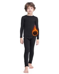 mancyfit thermal underwear for boys fleece lined long johns set kids base layer ultra soft black large