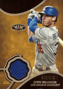 2019 topps tier one relics #t1r-cbe cody bellinger game worn dodgers jersey baseball card - dark blue jersey swatch - only 375 made!