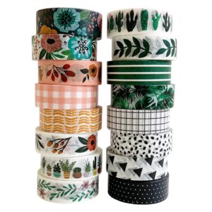 washi tape set of 16 rolls of 15 mm wide washy tape cute decorative tape for journaling, scrapbooking, crafts, bullet journals, planners, diy décor, craft supplies for adults & kids (meadow)