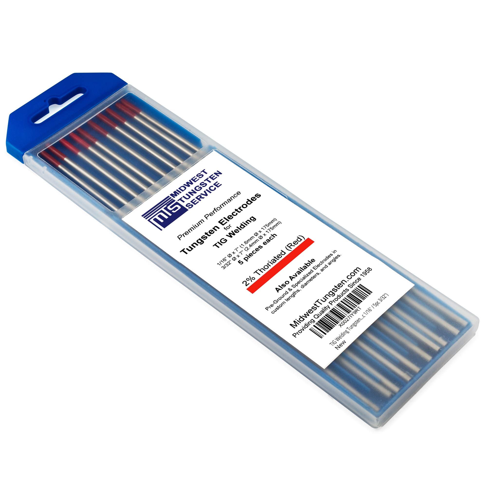 Midwest Tungsten Service TIG Welding Tungsten Electrodes 10-Pack (Red - 2% Thoriated (WT20/EWTh-2), 5pc 1/16" & 5pc 3/32")