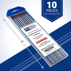 Midwest Tungsten Service TIG Welding Tungsten Electrodes 10-Pack (Red - 2% Thoriated (WT20/EWTh-2), 5pc 1/16" & 5pc 3/32")