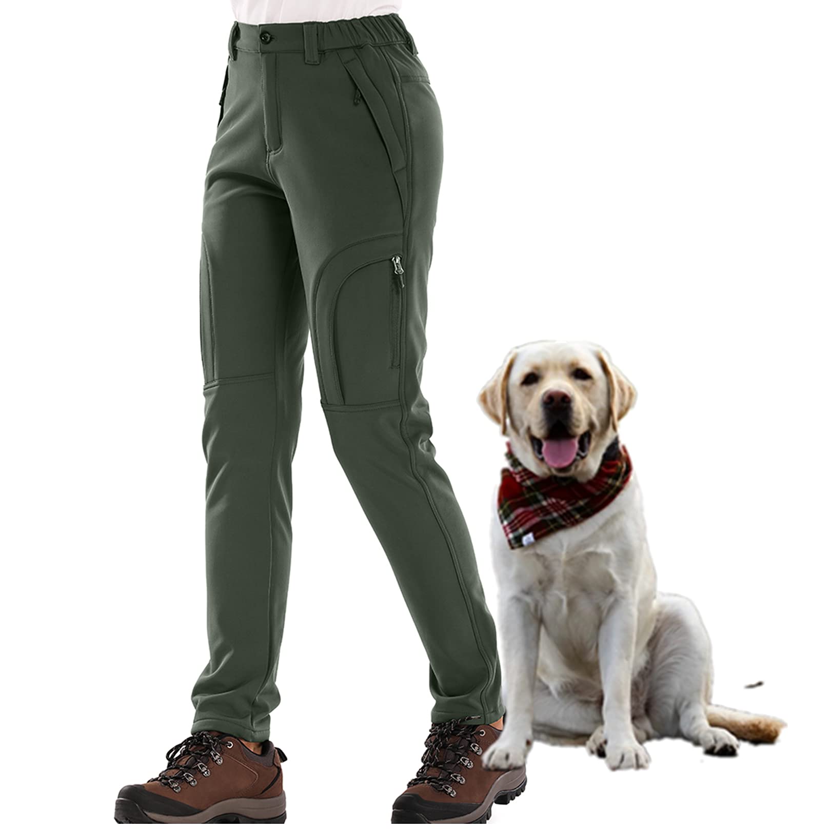 linlon Outdoor Women's Snow Ski Pants Soft Shell Fleece Lined Pants Water Resistant Camping Hiking Nylon Pants, Army Green 18