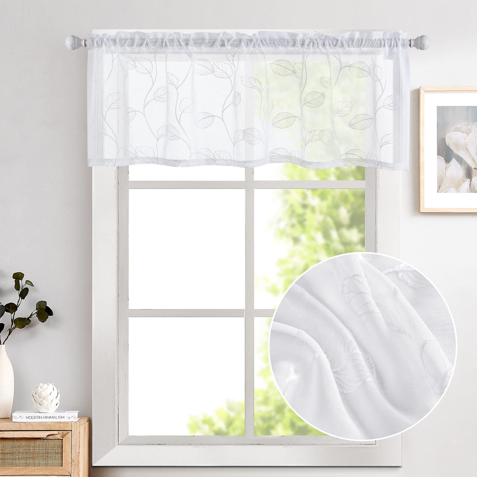 Topick White Sheer Leaf Curtain Kitchen Valance for Windows Leaf Embroidered Voile Small Curtain Valance Semi Sheer Farmhouse Curtain 16 Inch Rod Pocket 1 Panel White