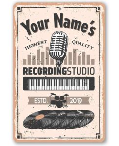 personalized recording studio - classic music studio decor, podcast sign and music room accessories, gifts for artists and producers, 8x12 or 12x8 use indoor or outdoor metal tin sign