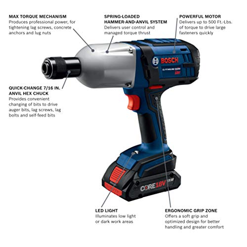 BOSCH HTH182-B25 18V High Torque Impact Wrench w/ 7/16" Hex w/ (2) 4.0 Ah CORE Compact Batteries