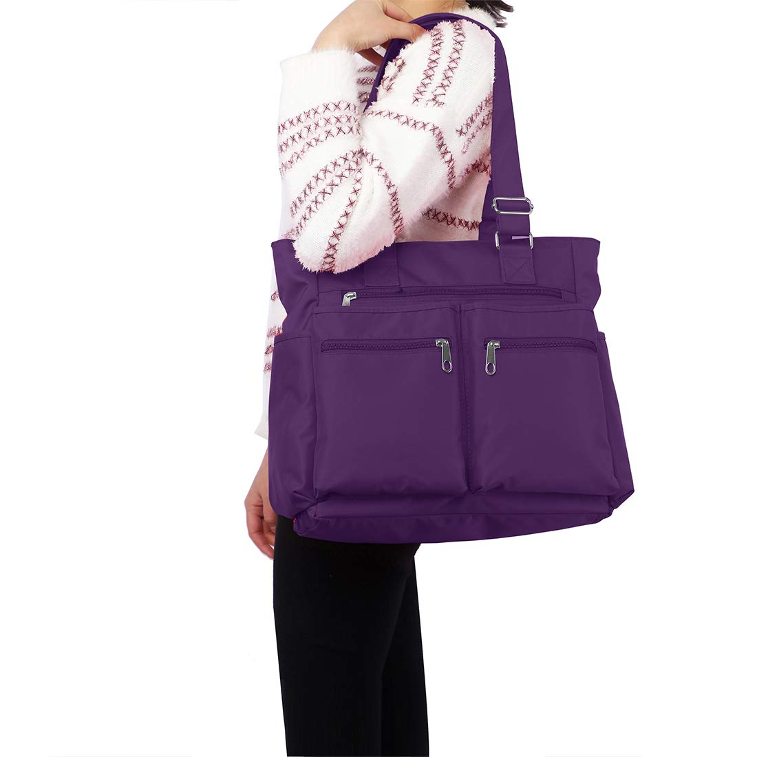 Canvas Tote Bag Waterproof Nylon Multi Pocket Shoulder Bags Laptop Work Bag Teacher Purse and Handbags for Women & Men (Purple-new)