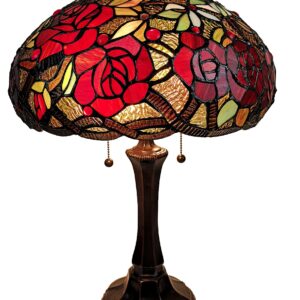 Tiffany Style Table Lamp Banker 24" Tall Stained Glass Yellow Brown Red Floral Roses Vintage Light Décor Nightstand Living Room Bedroom Office Handmade Gift AM1535TL16B Amora Lighting